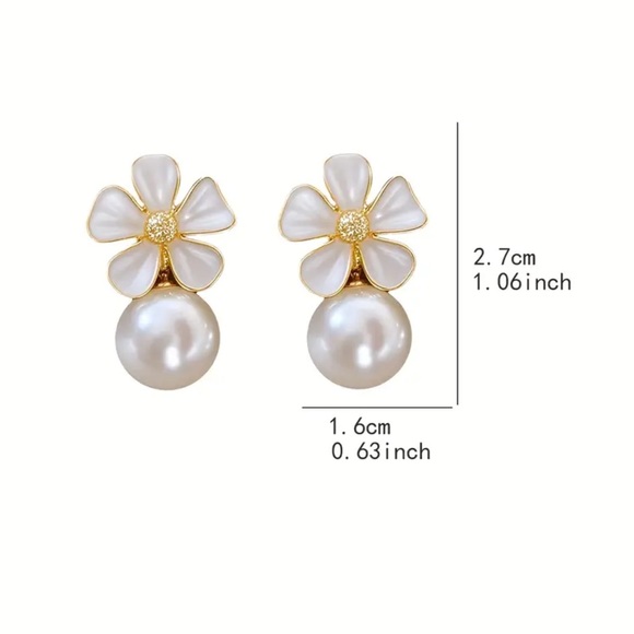 NWOT - Gold and White Floral Pearl Drop Earrings - Picture 7 of 7